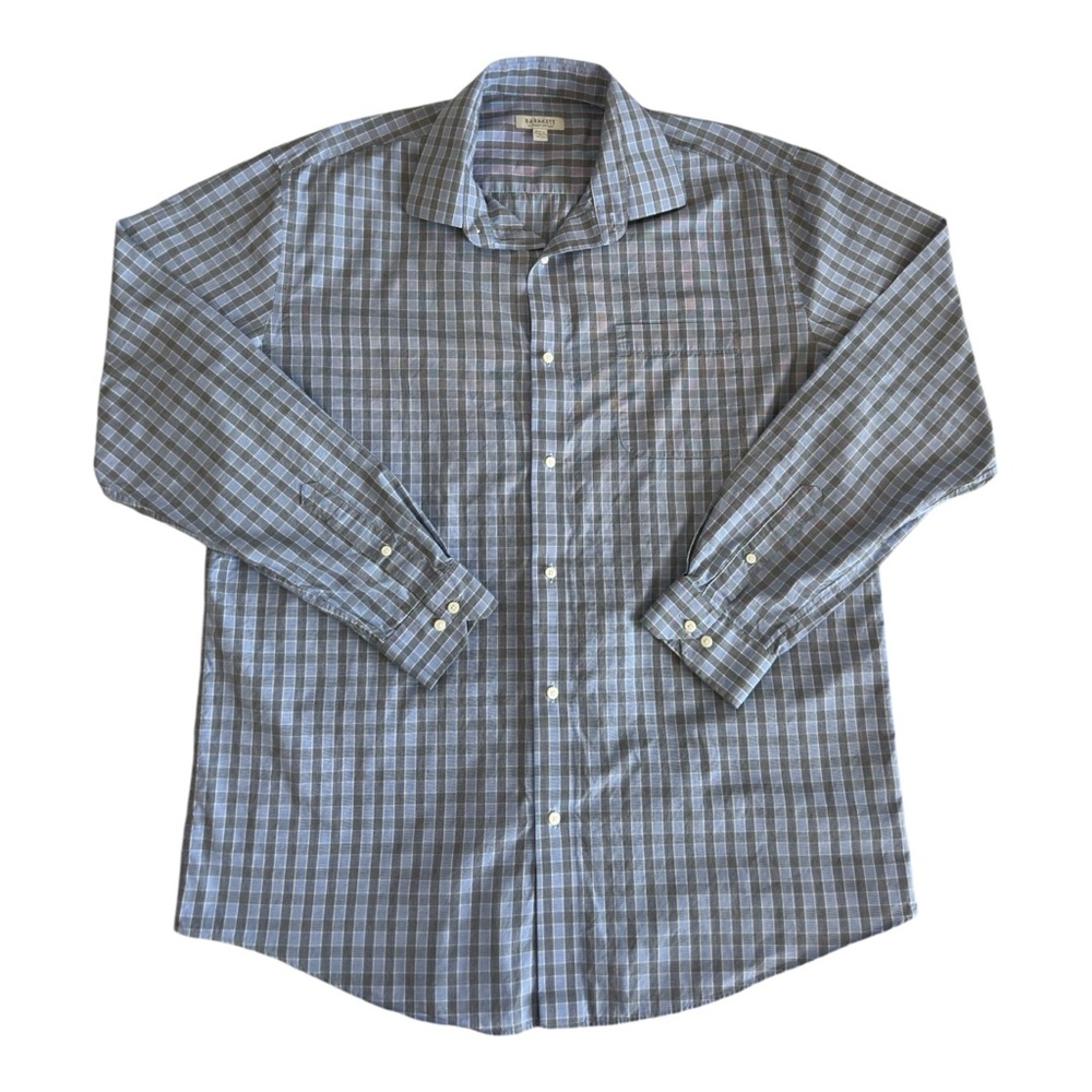 Barakett Men's Plaid Long Sleeve Button Down Shirt Blue Grey Size 17 36/37